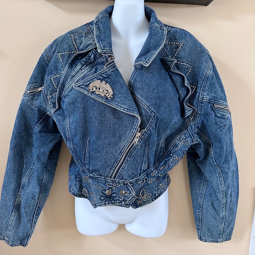 Tramway Paris France Blue Jean Embellished Vintage Denim Jacket 80's Size 38